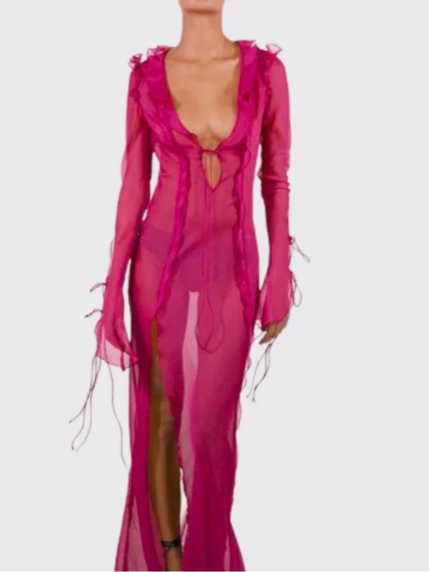 Fashion Nova Hot Pink Sheer Long Sleeve Swim Coverup